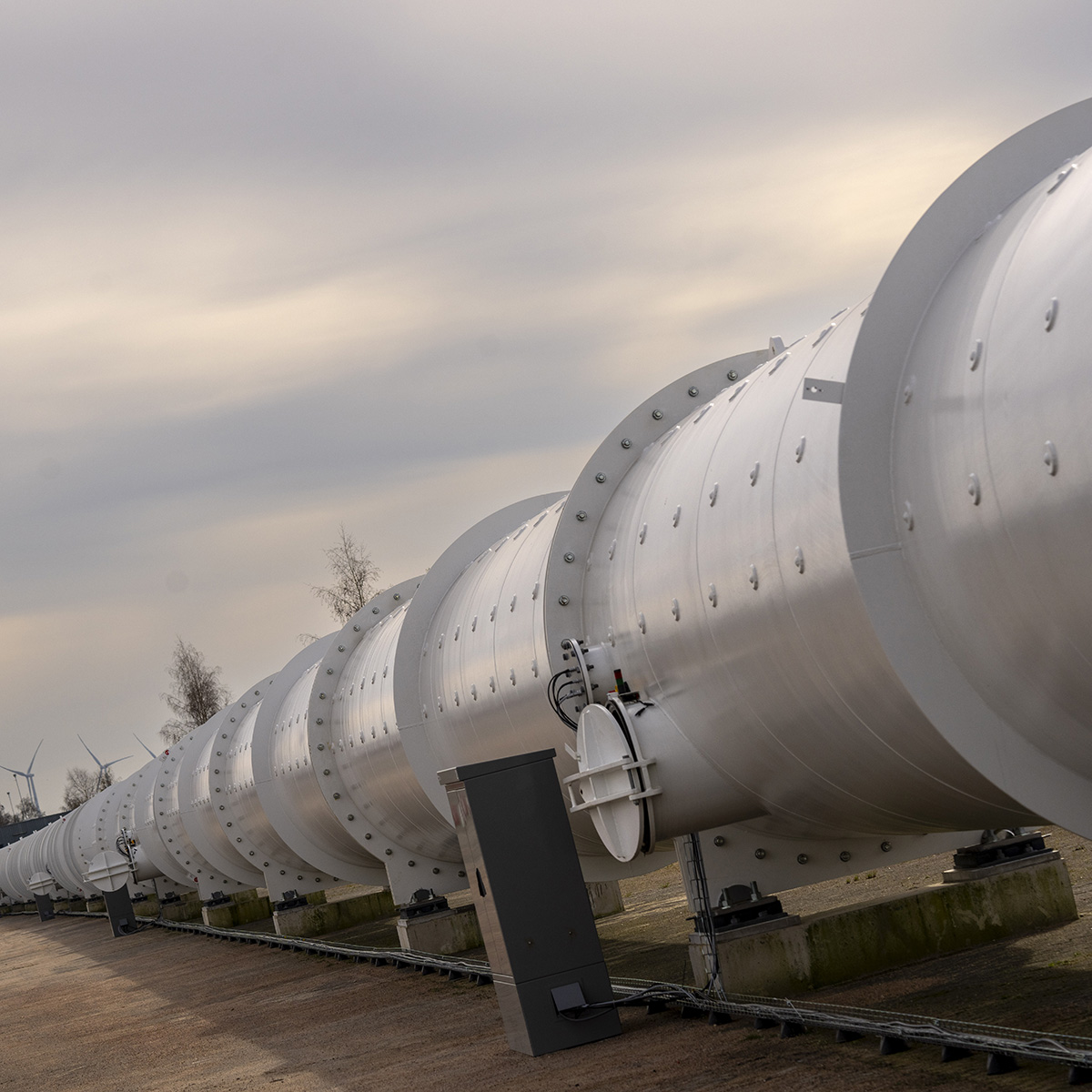 One of the tubes allowing vehicles to travel on magnetic fields is seen at the new European test center for hyperloop transportation technology which opens in Veendam, northern Netherlands, Tuesday, March 26, 2024. (AP Photo/Peter Dejong)